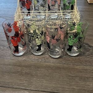 Vintage 5" TALL ASIAN SCENE  Drinking Glasses - Set of 8 Mulit Color + Holder